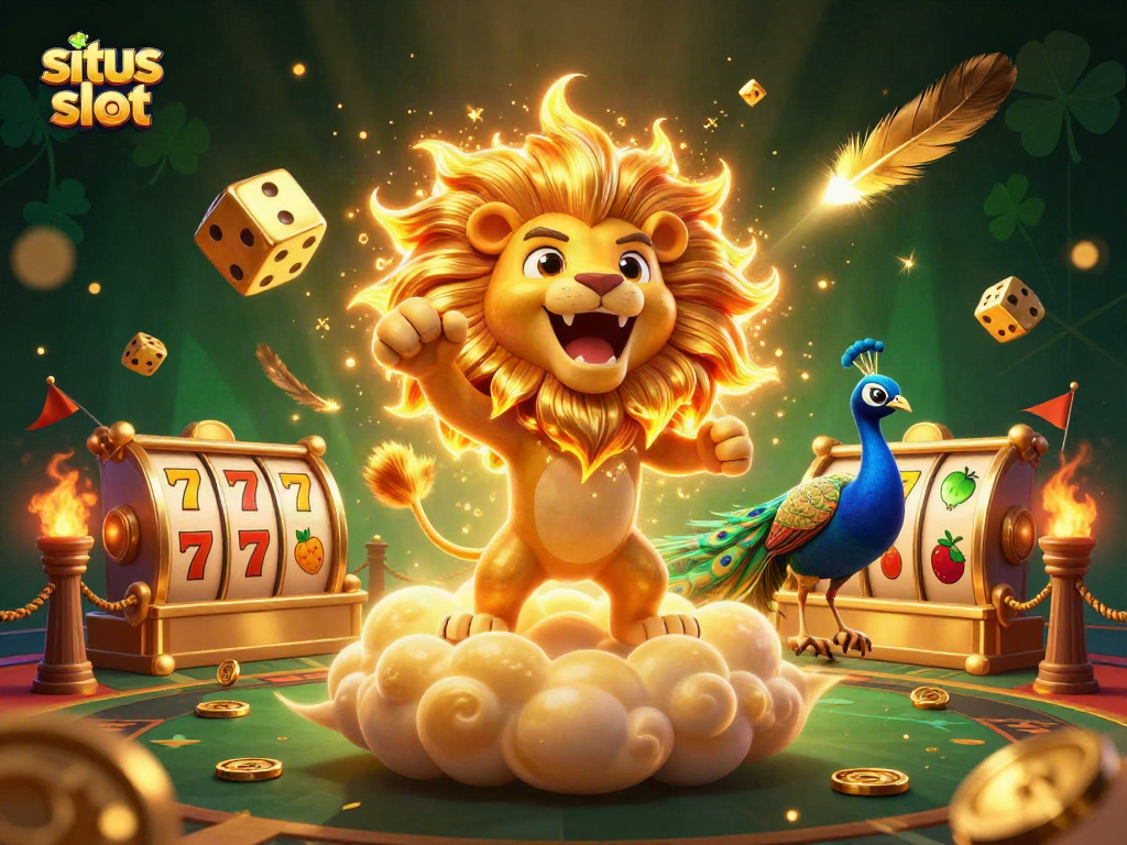 Experience the thrill of situs slot with a 3D sun lion amid jackpots and dynamic casino elements.