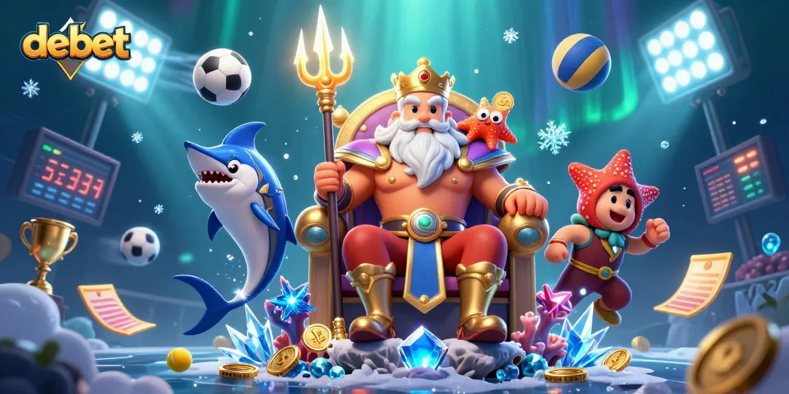 Experience thrilling sports betting with debet's vibrant illustration featuring Neptune and dynamic game elements.