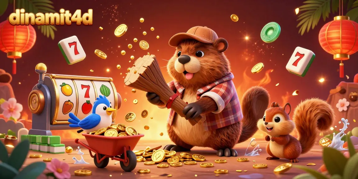 Experience thrilling gameplay with dinamit4d as the beaver collects golden coins amidst festive slot reels and decorations.