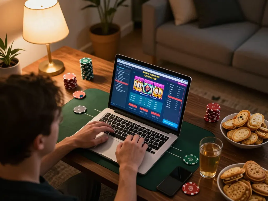 Engaged user playing เว็บตรงสล็อต on laptop, cozy home setup with warm lighting.