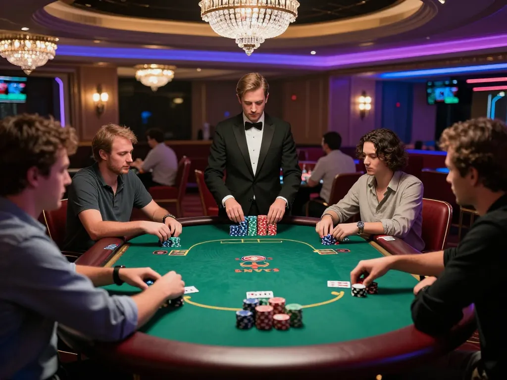 Players analyze their strategies at a situs gacor poker table during an exciting casino night.