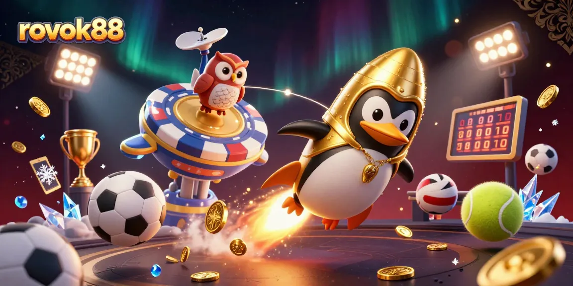 Engage with rokok88 and experience exhilarating sports betting with animated golden penguin and trophies.