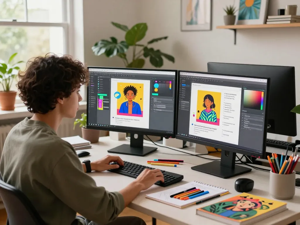 A graphic designer generating image to prompt in a vibrant workspace filled with art supplies and natural light.
