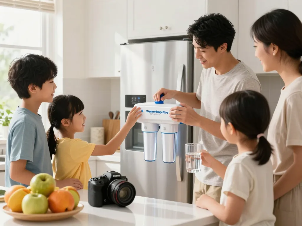 Family replacing Waterdrop Plus 5231JA2002A NSF 401&53 Refrigerator Water Filter in a bright kitchen.