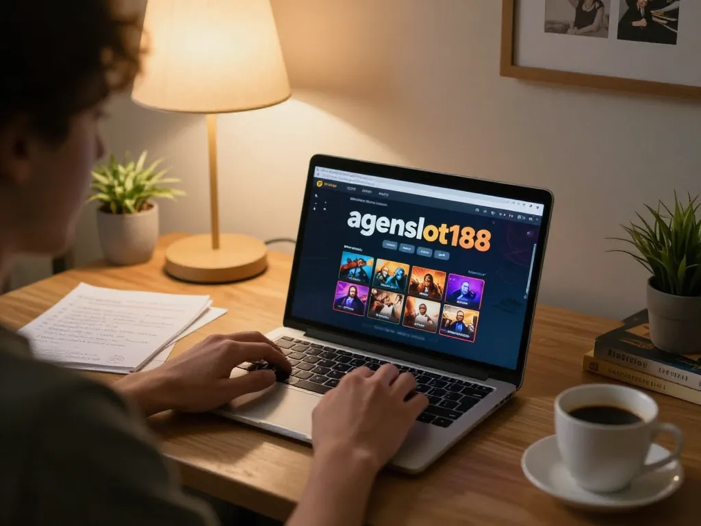 Player engaged in online gaming at agenslot188, showcasing a focused home atmosphere.