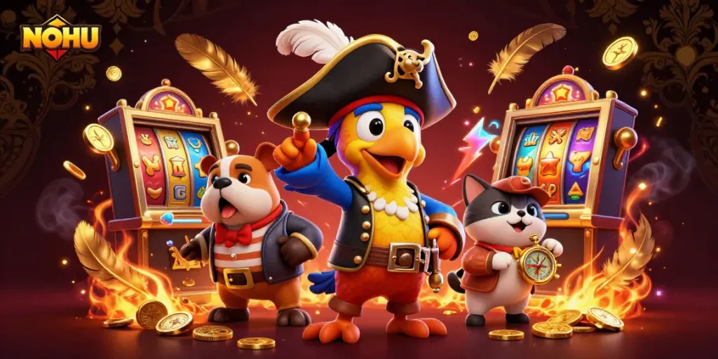 Spin the reels at NOHU with this vibrant casino scene showcasing a pirate crew and slots!