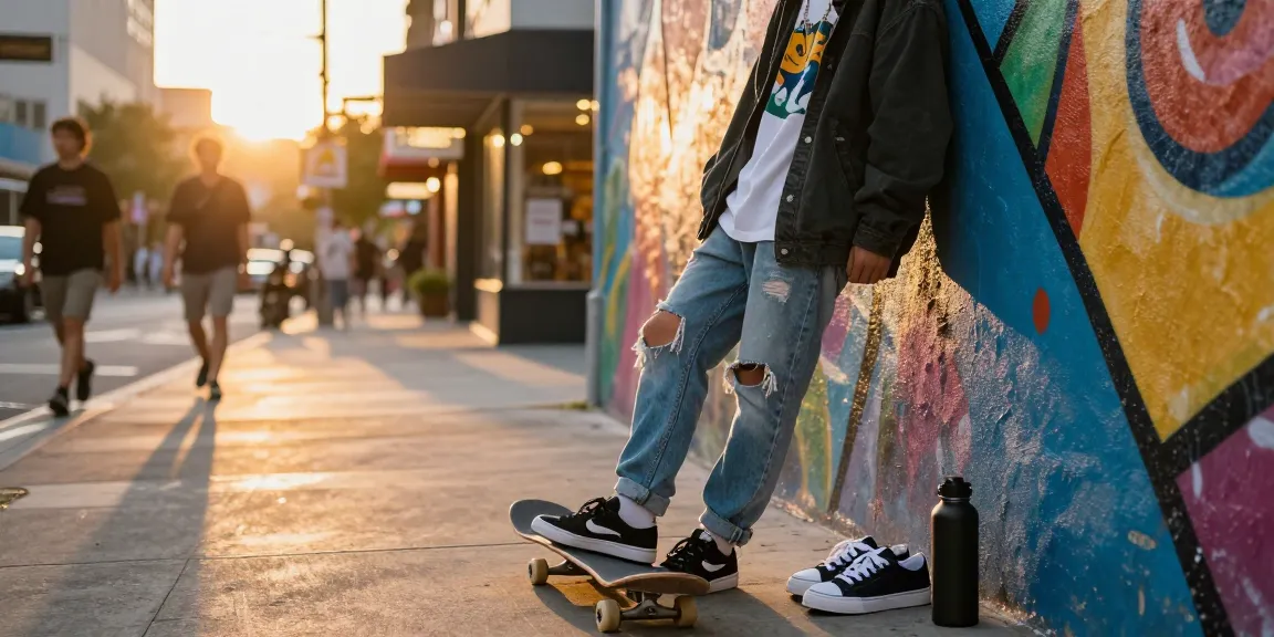 Urban streetwear lifestyle at sunset, showcasing fashion and youth culture near https://shs-dome5.com/ with vibrant mural backdrop.