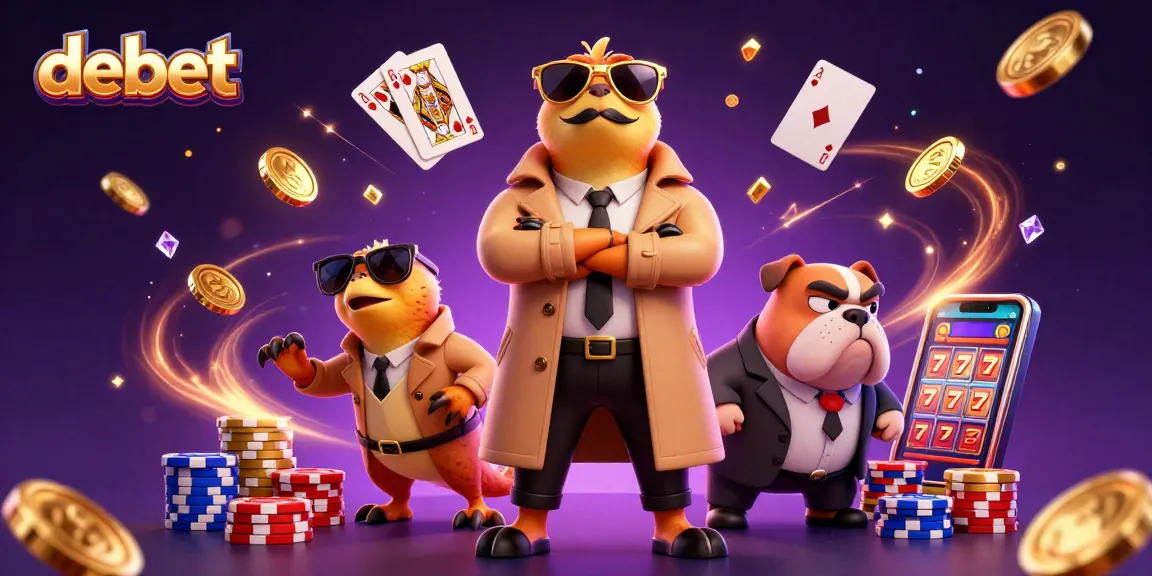 Experience debet's thrilling VIP scene with raptor characters, coins, and vibrant casino elements.