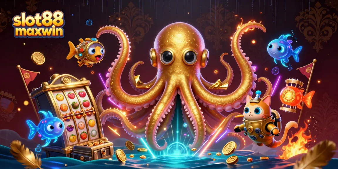 Rasakan sensasi slot88 maxwin dengan pemandangan kasino 3D yang menawan yang menampilkan kraken dan kucing penyelam.