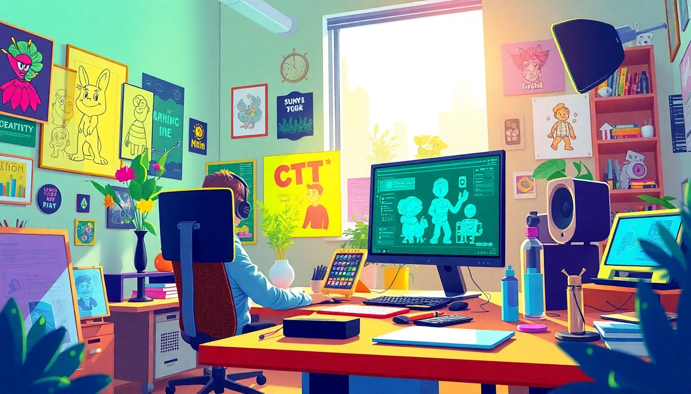 Animation Erstellen in action: A designer crafting animated characters in a vibrant workspace.