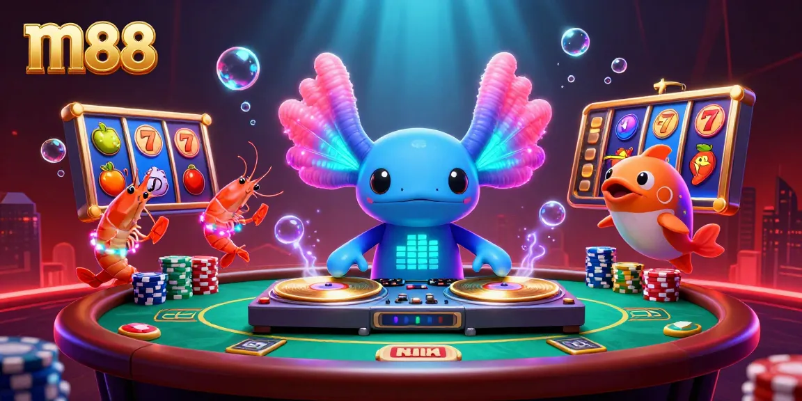 Experience the vibrant m88 casino atmosphere with a lively DJ axolotl and engaging slot reels.