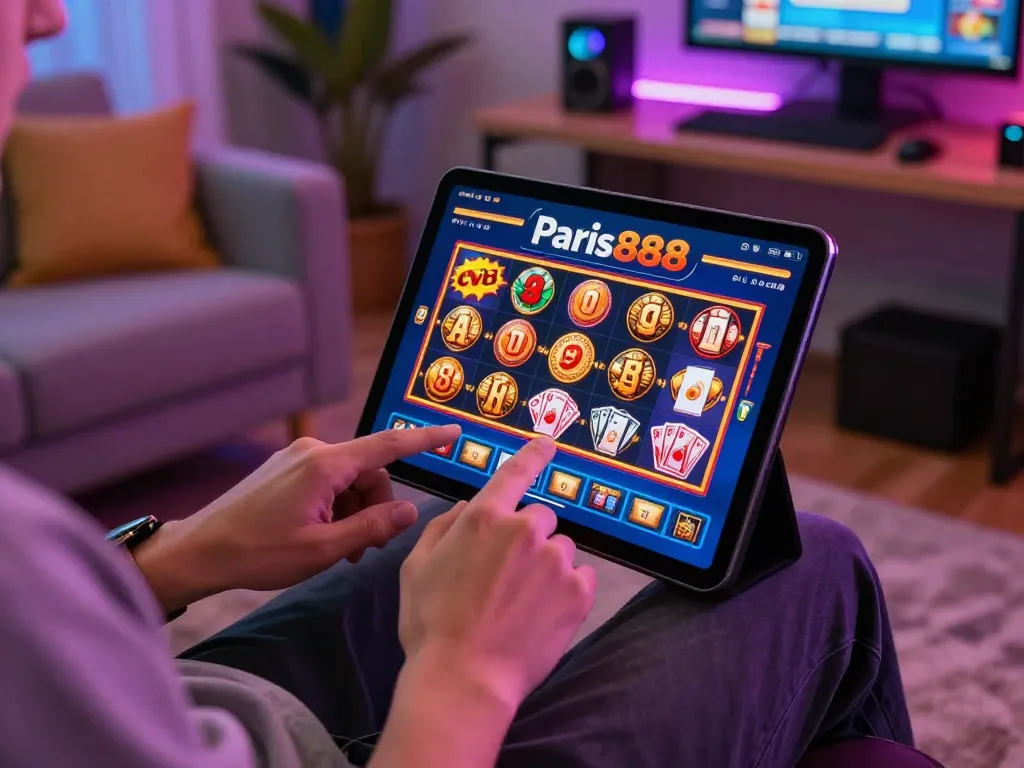 Pemain yang terlibat menikmati permainan kasino online paris888 di tablet mereka dalam suasana rumah yang nyaman.