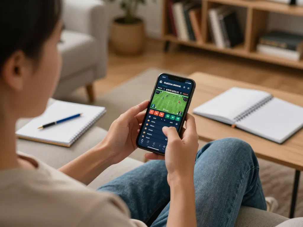 Person using a smartphone for siti scommesse stranieri sicuri while enjoying a cozy home environment.