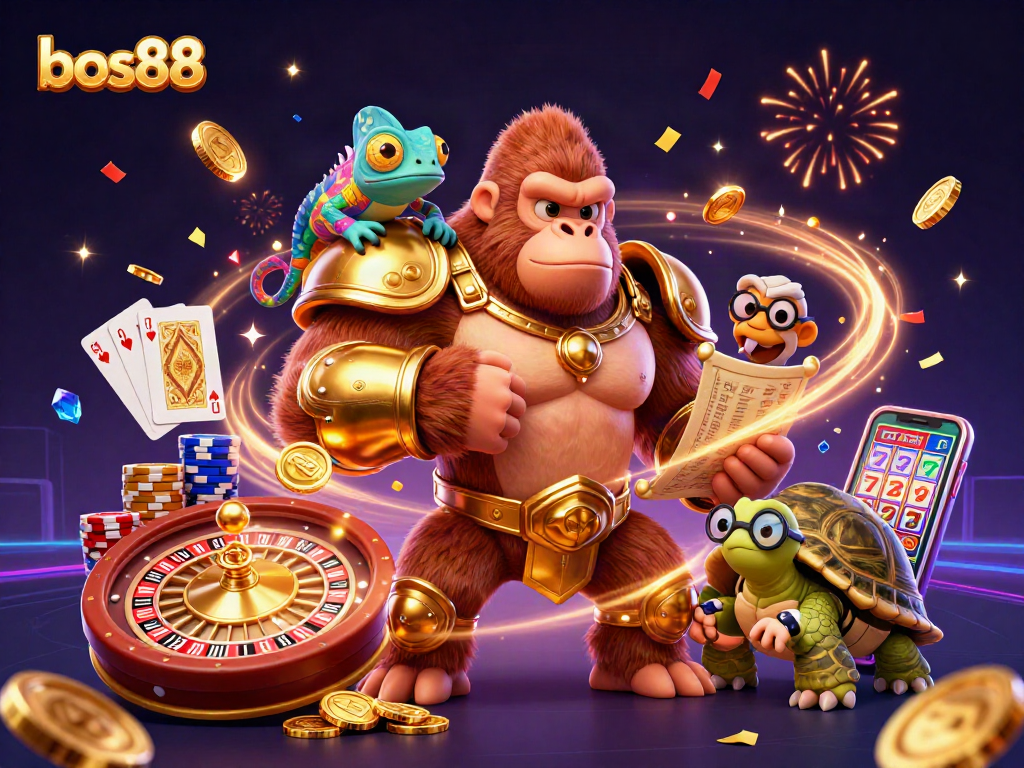 Slot dengan bos88 yang menampilkan raja gorila dan harta karun berkilauan, menangkap pengalaman judi online yang mendebarkan.