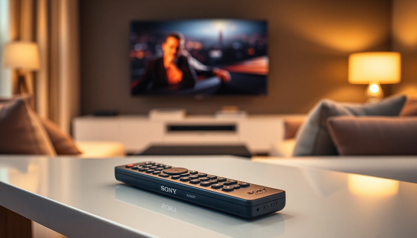 Bedienung des Sony RMT-TX102D Fernbedienung mit stilvollem Fernseher im Hintergrund.