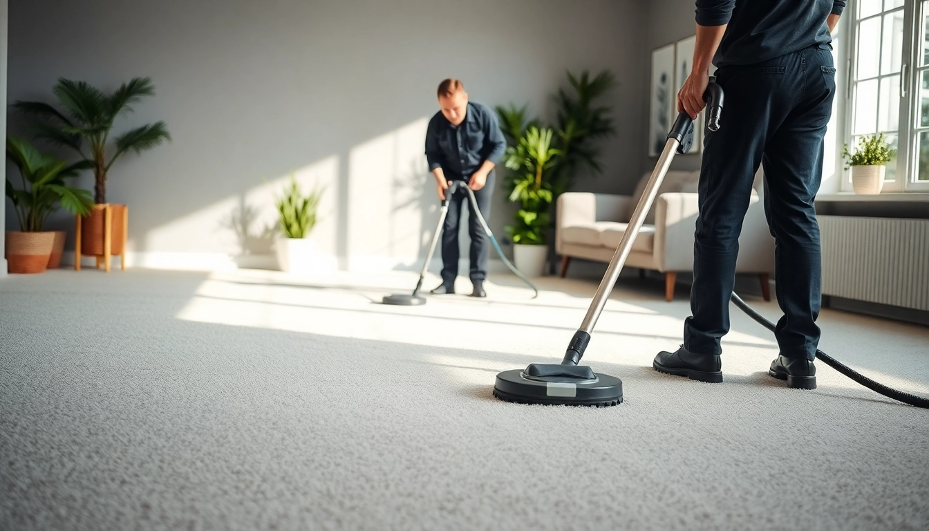 Technician enhancing a carpet cleaning business with professional tools in a bright room.