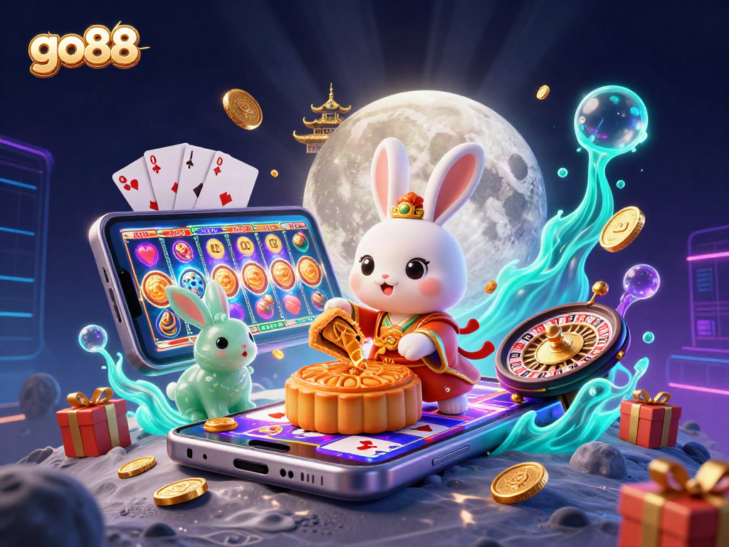 Engage in exciting gaming with go88’s vibrant casino scene featuring a moon rabbit and poker chips.