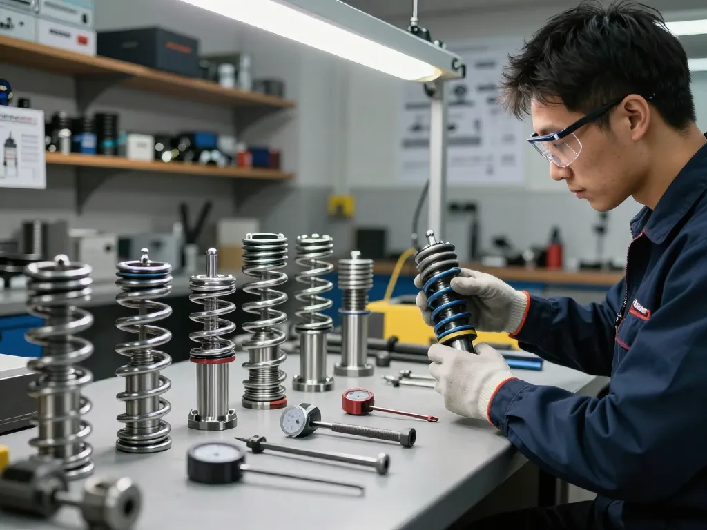 Tehnician expert inspectând Arcuri elicoidale într-un mediu profesional de atelier auto cu echipamente de înaltă calitate.
