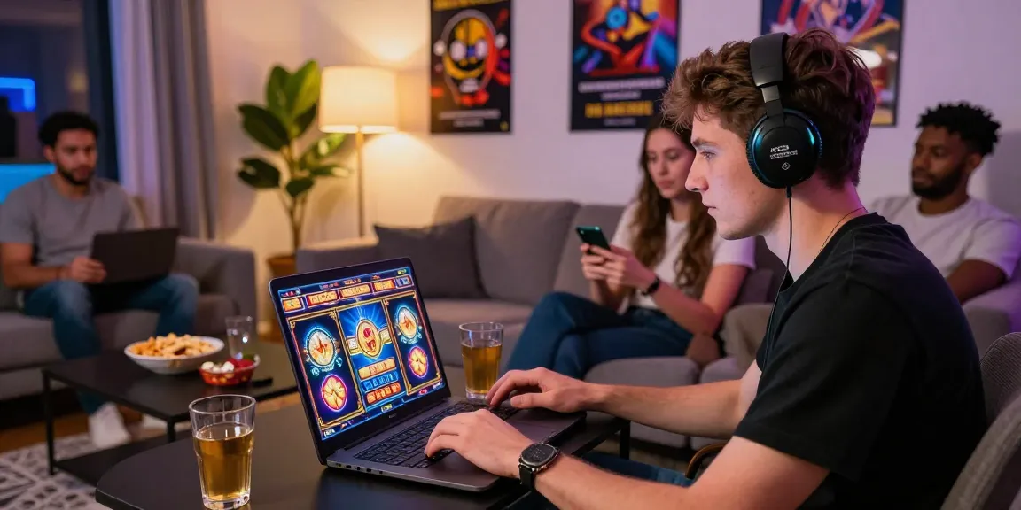 British players enjoying a non UK casino experience with laptops and smartphones in a cozy living room setting.
