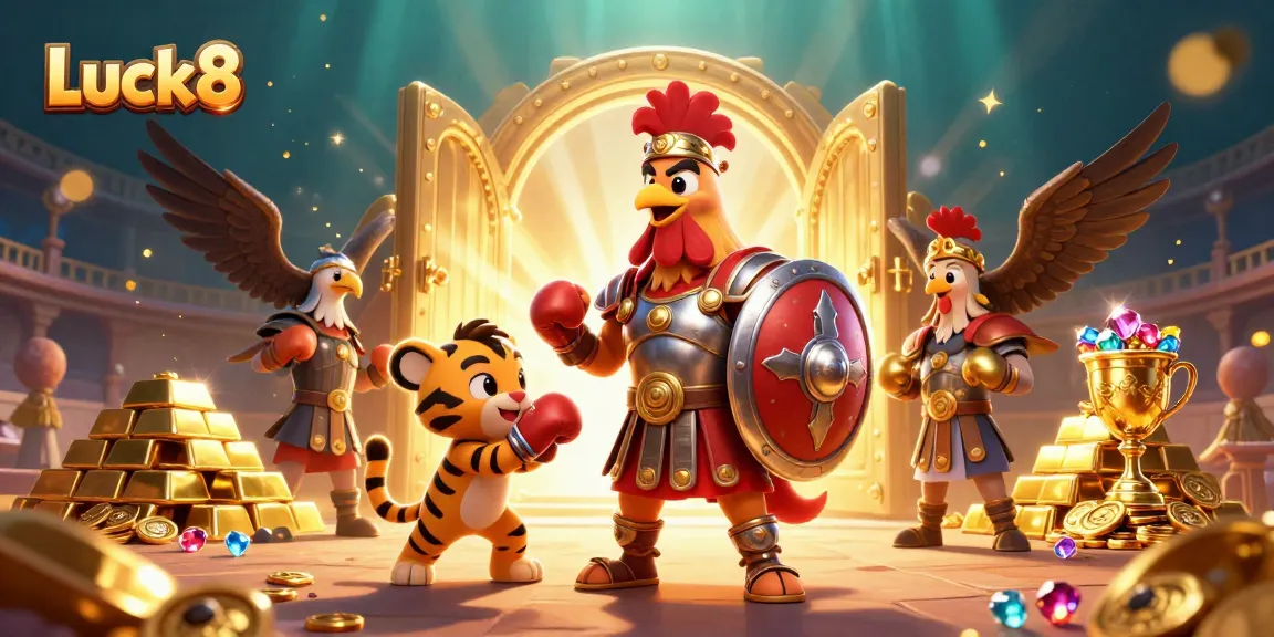 Experience the excitement of Luck8 with dynamic casino elements and engaging characters in this 3D illustration.