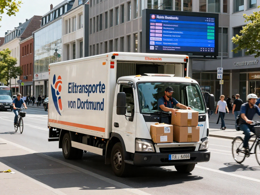 Eiltransporte von Dortmund - schneller und zuverlässiger Transportdienst mit modernem LKW in belebter Stadtumgebung.