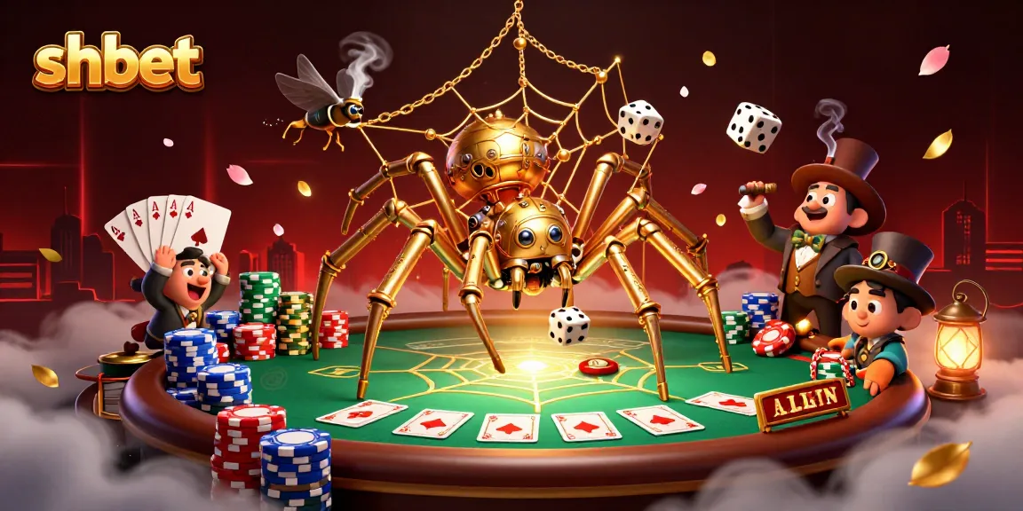 Engage with SHBET's vibrant casino world through captivating 3D illustration featuring steampunk characters and poker action.