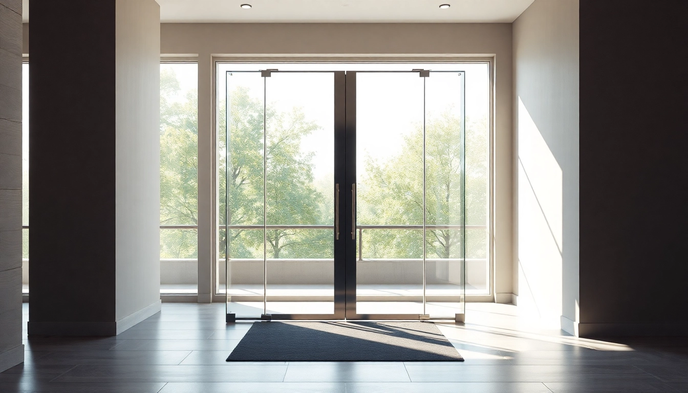 Elegant single leaf double swing door featured in a bright, modern lobby setting.