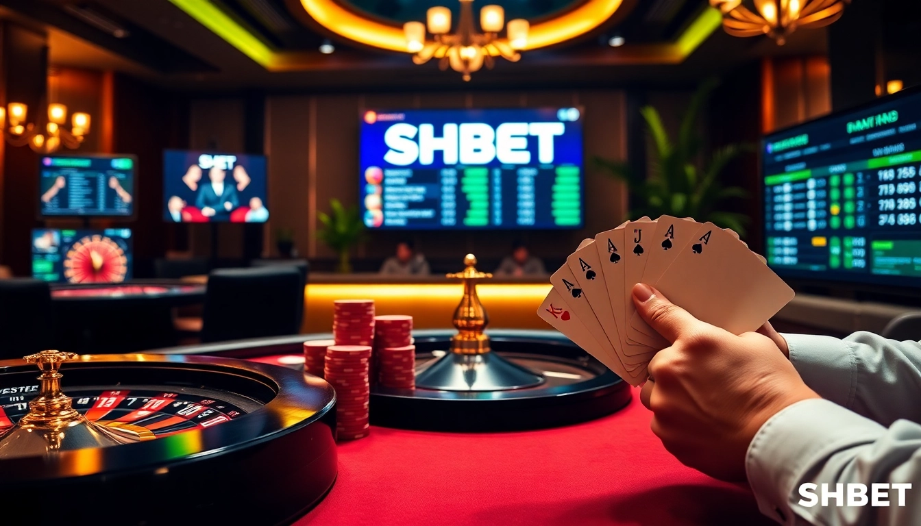 Experience thrilling gameplay at SHBET casino with vibrant poker chips and a roulette wheel.