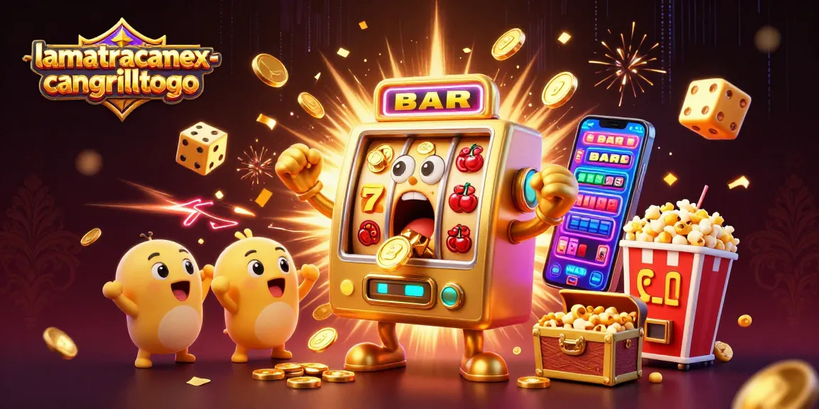 lamatracamexicangrilltogo celebrates jackpots with a shocked slot machine amidst coins, symbols, and gaming excitement.