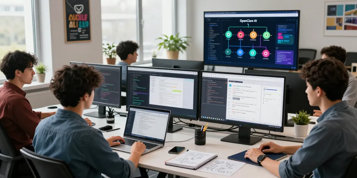 Developers collaborating on AI projects using the clawbot assistant in a modern office setting.