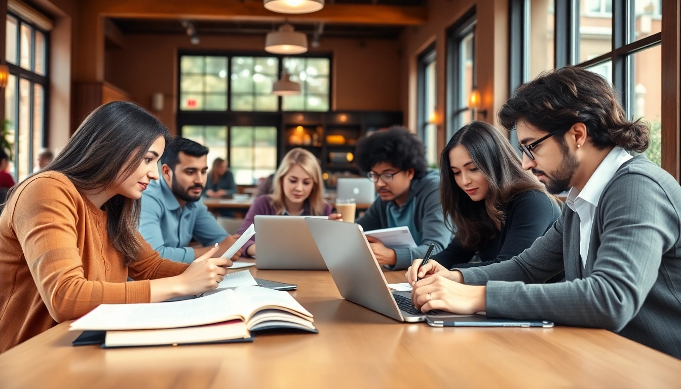 Focused TOEFL test takers for hire collaborating in a café study session.