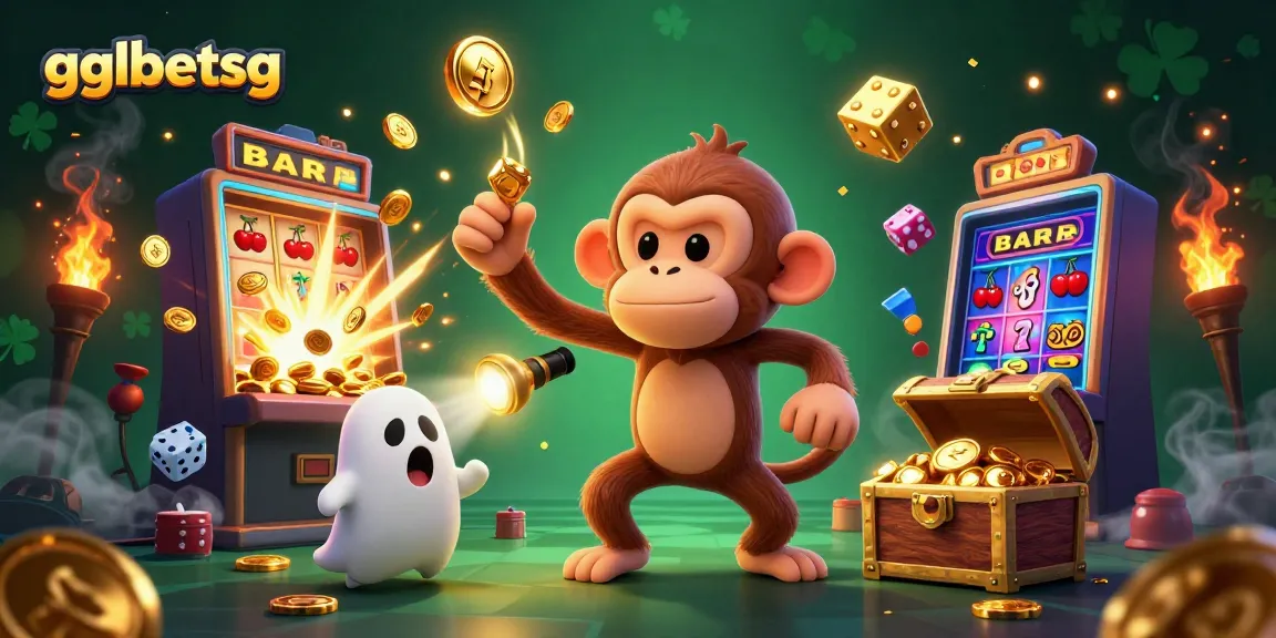 Engaging scene showcasing gglbetsg with a playful poltergeist monkey and a curious puppy in a vibrant casino atmosphere.
