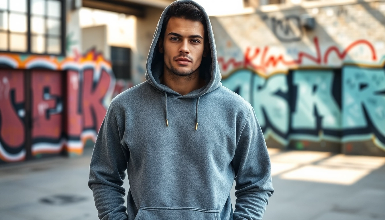 Model showcasing plain hoodies against a colorful graffiti background in an urban setting.