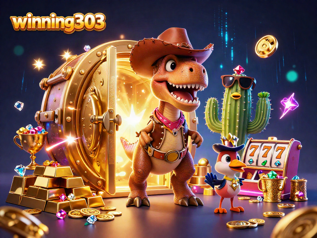 Experience thrilling wins at winning303 with vibrant casino scene featuring unique characters.