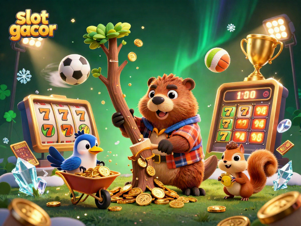 Engage with slot gacor as a beaver collects gold coins from a jackpot tree, showcasing casino excitement.