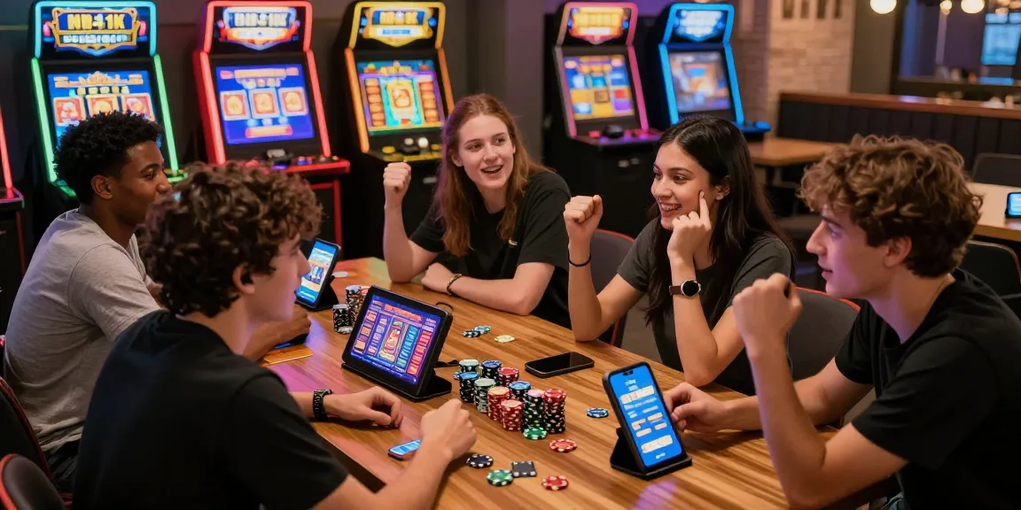 Engaged players discussing slot depo 1k strategies in a vibrant gaming cafe
