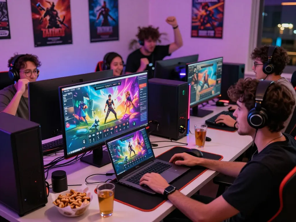 Engaging scene of players enjoying porn games HTML on laptops and monitors in a vibrant gaming setup.