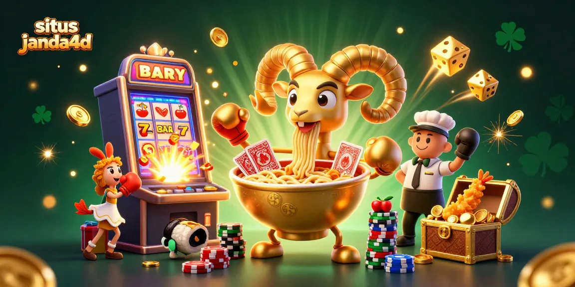 situs janda4d menghadirkan ilustrasi kasino 3D dengan karakter ramen dan elemen mesin slot yang menggiurkan