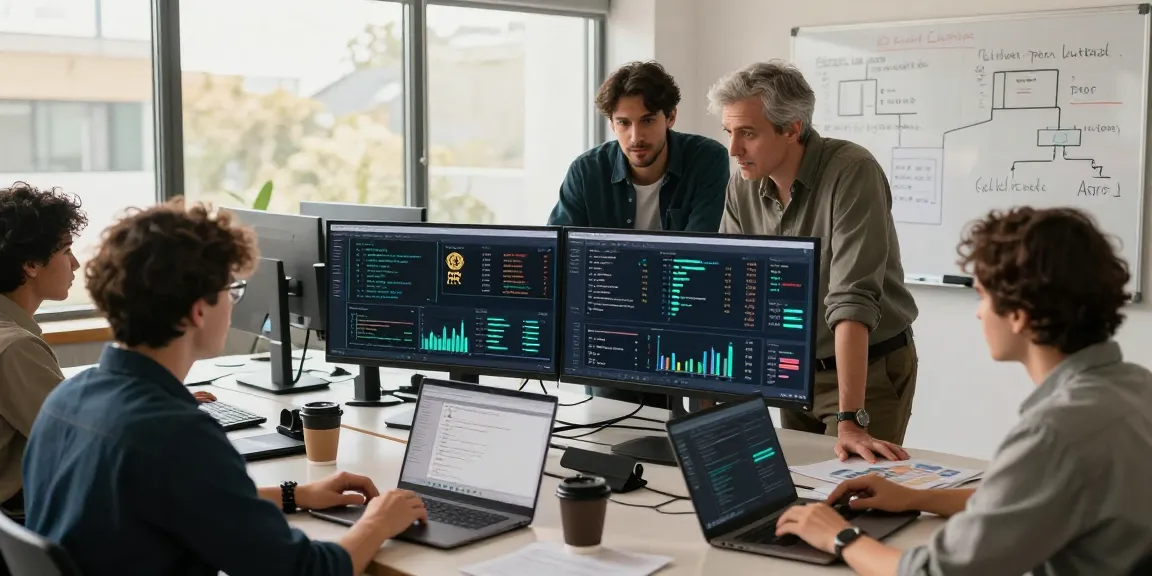 Developers collaborating on a financial data API project with real-time dashboards and coding materials in a vibrant fintech workspace.