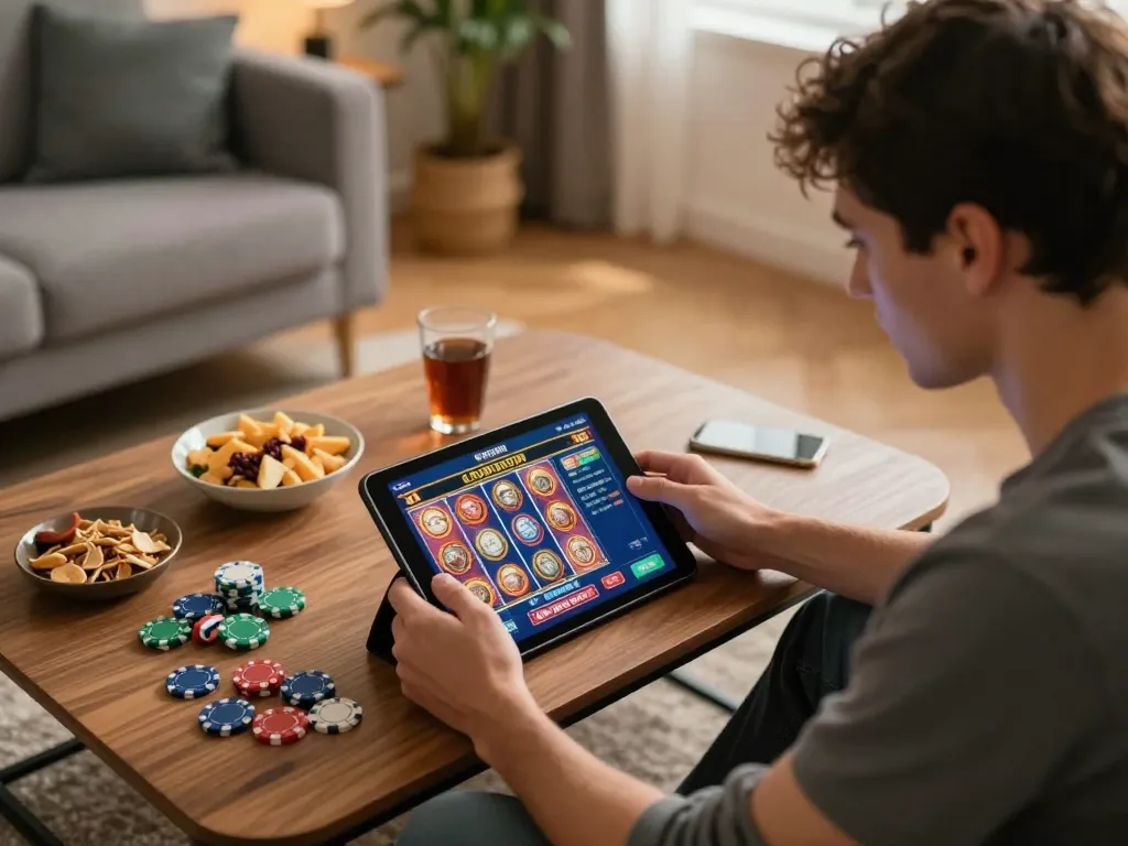 Engaged player spinning their favorite slot game on a tablet in a cozy living room.