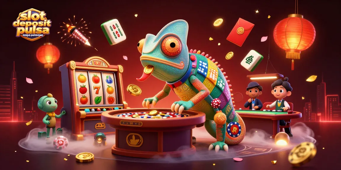Permainan slot deposit pulsa tanpa potongan dengan chameleon pemilik kasino menangkap koin emas dan simbol slot.