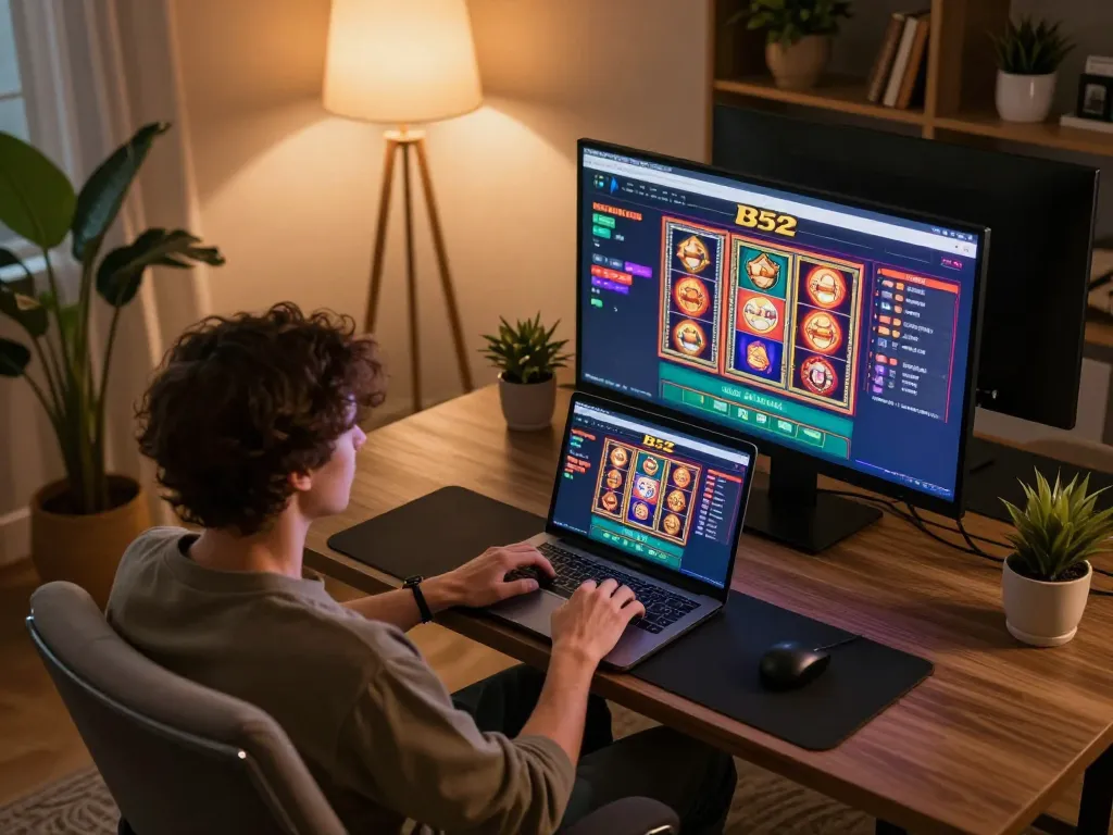 B52 players engaging in online casino gaming from a cozy home setup with laptop and strategy notes.