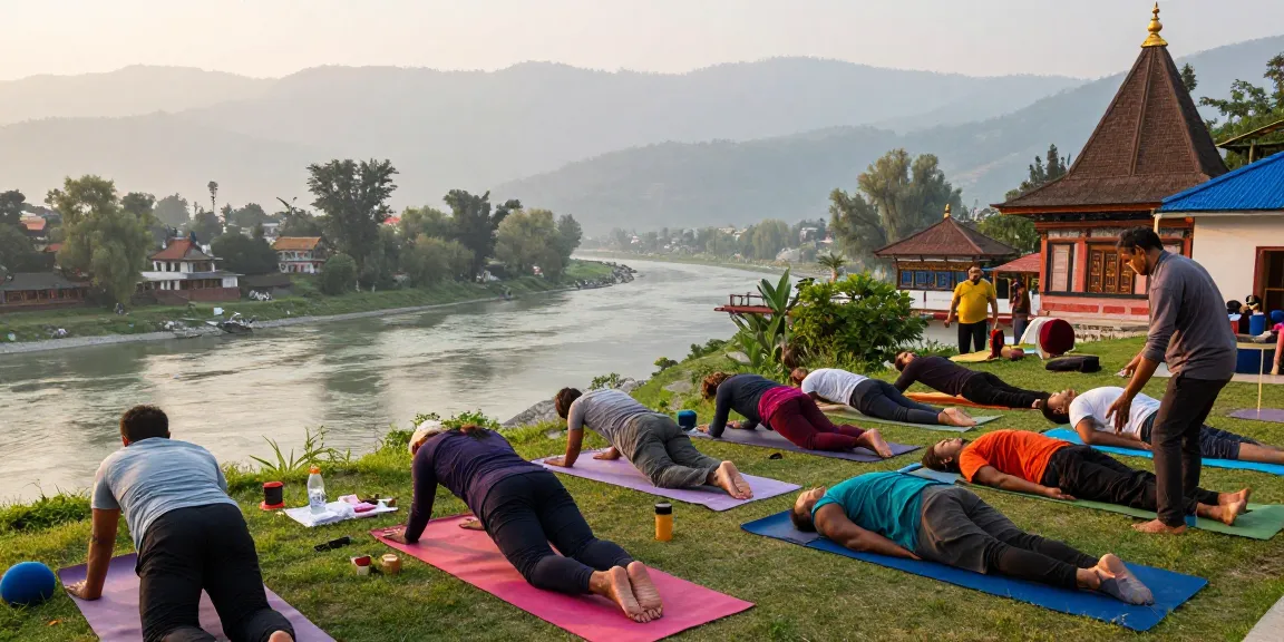 Best yoga teacher training course in Rishikesh India with diverse students practicing yoga at sunrise by the Ganges River.