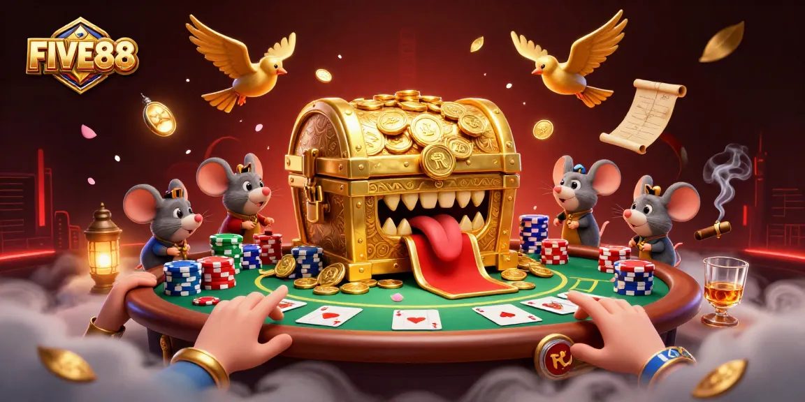 Experience the thrill of FIVE88 with a vivid 3D casino scene showcasing poker excitement.