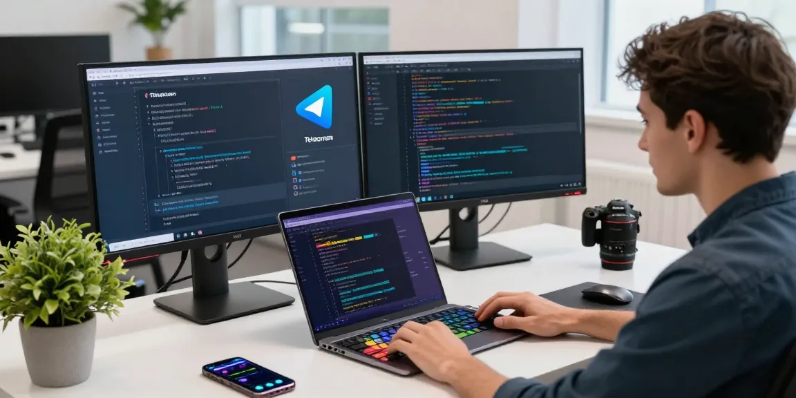 Engaged developer using 纸飞机中文版 in a modern workspace, showcasing coding and chat functionalities in a vibrant tech environment.