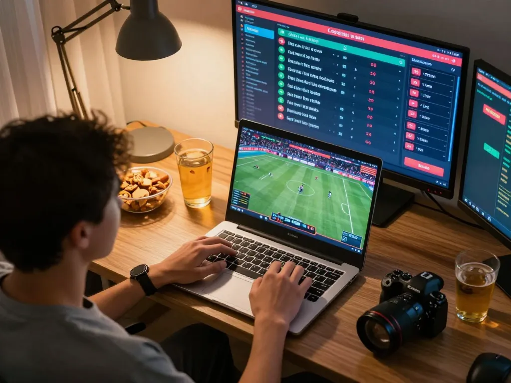 Betting on lc88, engaging with live sports odds on a laptop in a cozy home office.