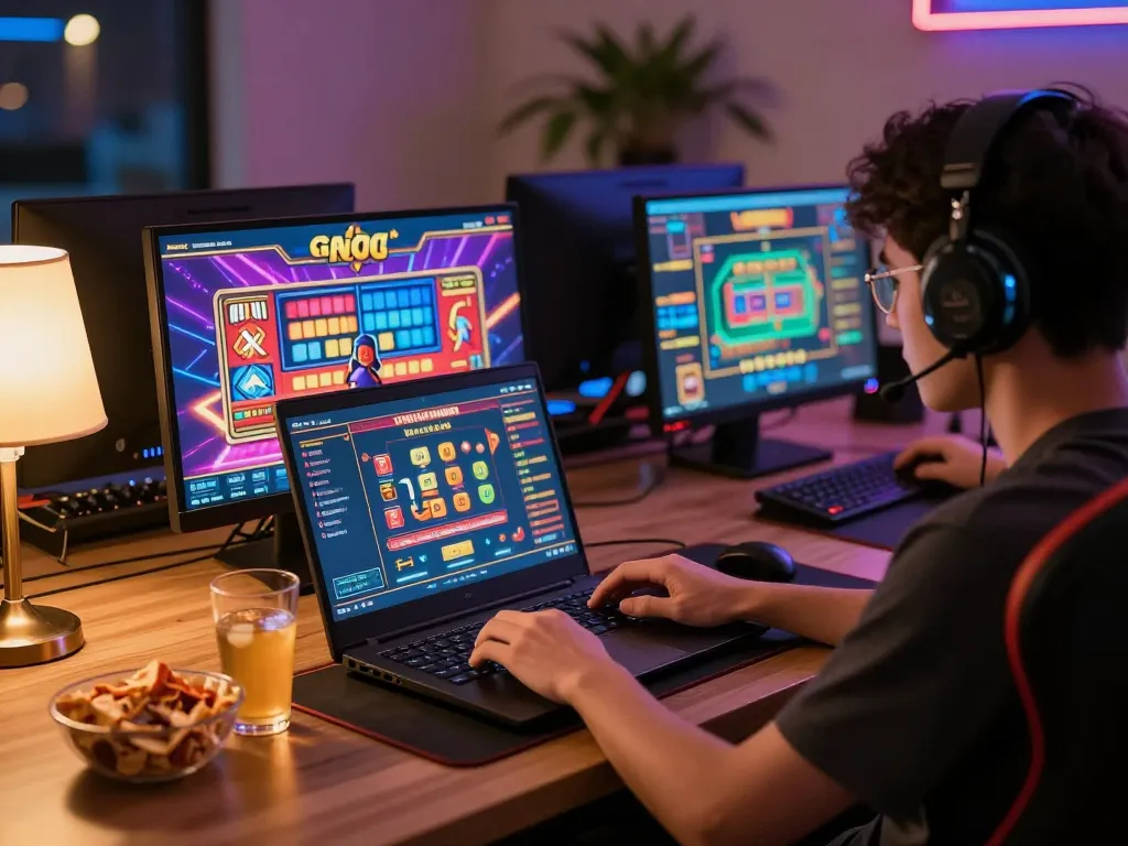 Engaging player enjoying situs slot gacor on laptop with vibrant graphics in cozy environment.