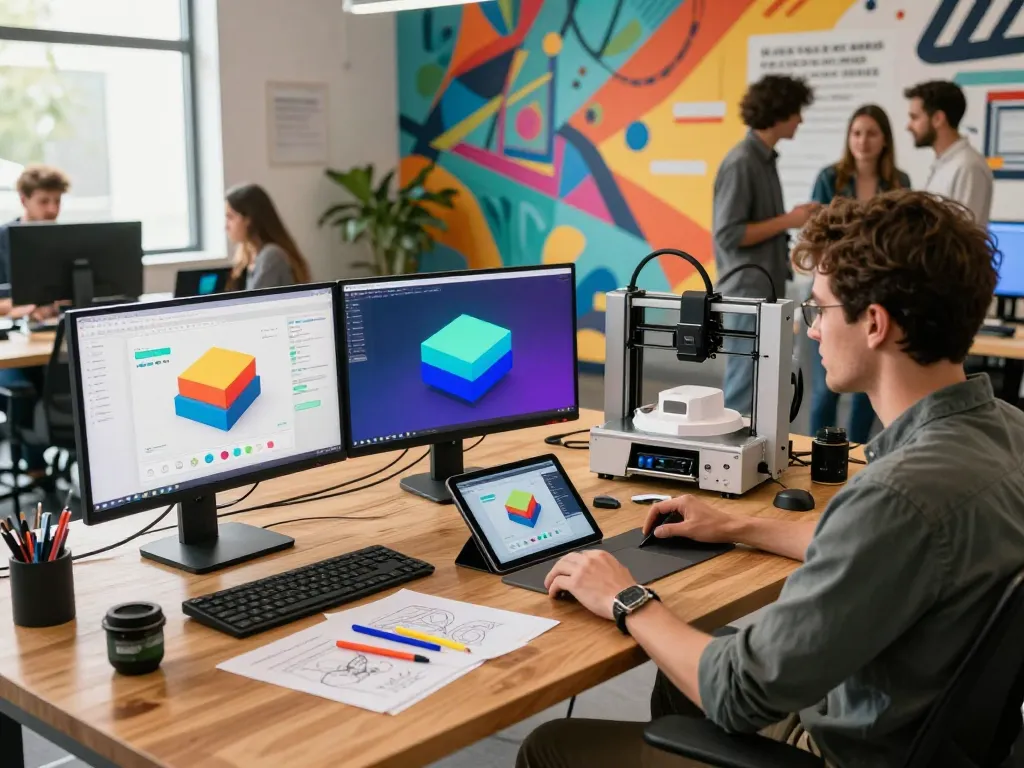 Engaging workspace showcasing a developer creating 3D product configurator software with advanced tech and creative elements.