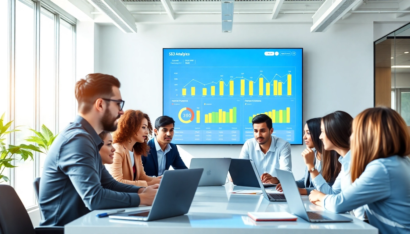Visualize SEO performance strategies in a dynamic team environment with diverse members and analytics.
