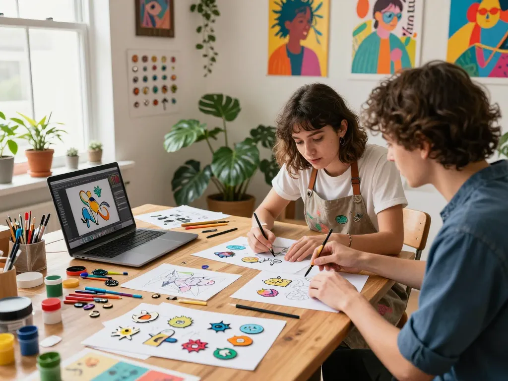 Custom acrylic pins being designed in a vibrant craft studio, showcasing creativity and collaboration.
